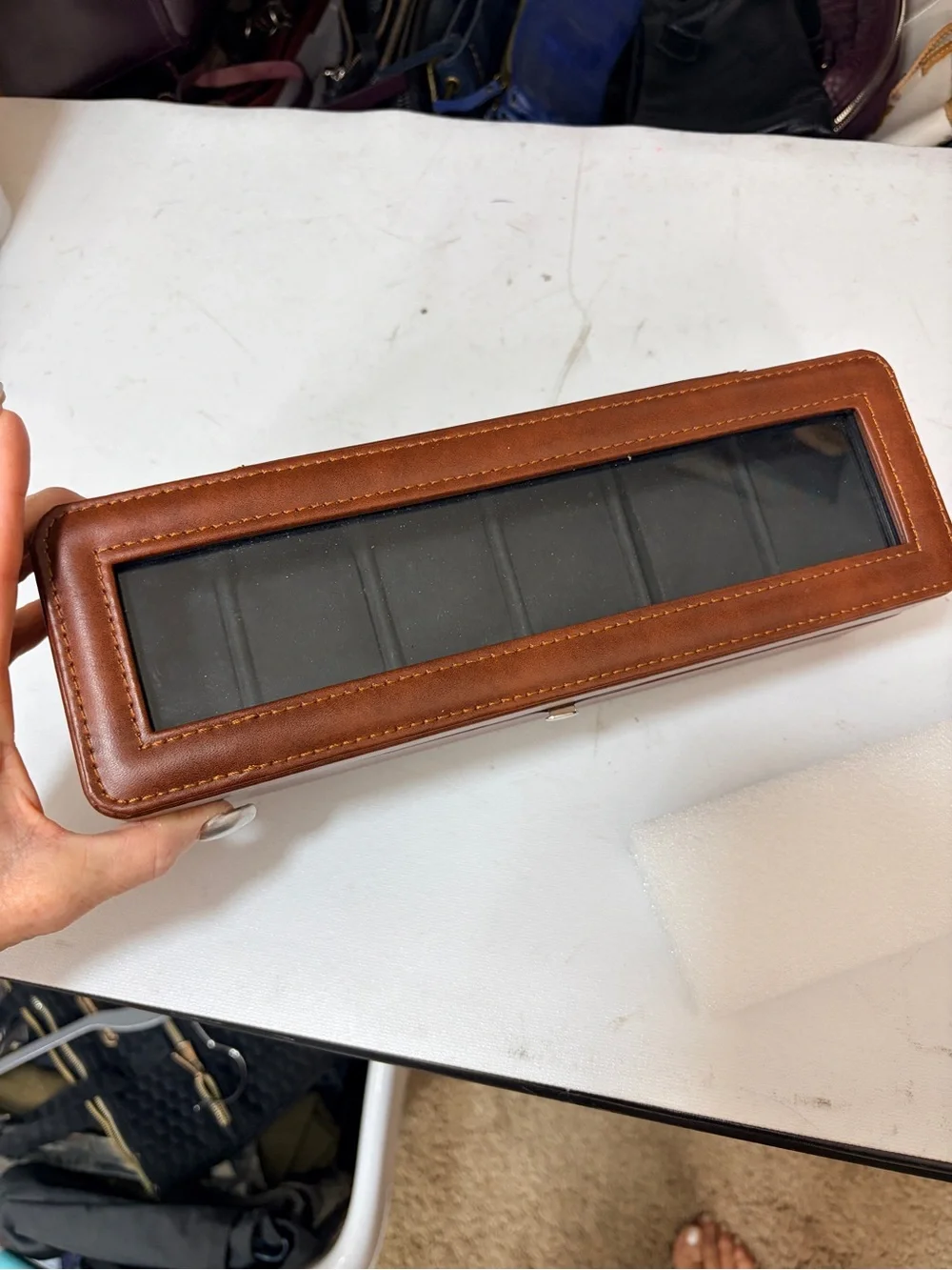 Brown Leather Watch Storage Case with Black Velvet Interior - 6 Watches